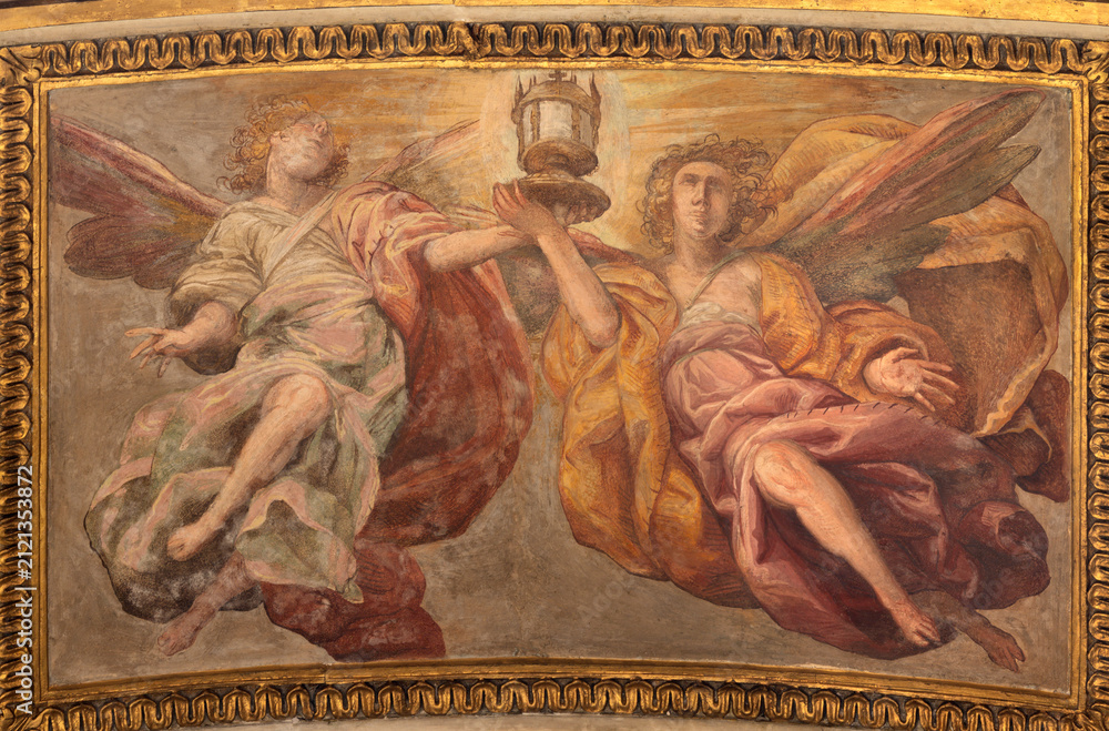 Obraz premium Crema - The baroque fresco of angels with the reliquiary in the church Chiesa di San Benedetto by Gian Giacomo Barbelli from year 1636.