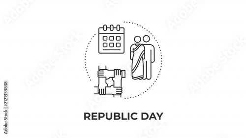 Republic day line concept icon animation. Inclusivity and community. Cultural milestone celebration. Social democracy. Animated outline round motion graphic. Minimal HD video with alpha channel