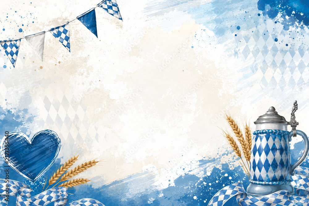 Obraz premium Blue and white Oktoberfest background with Bavarian pennant flags, beer stein, wheat, heart motif and soft copy space, perfect for festival posters, beer garden menus, party invitations and traditiona