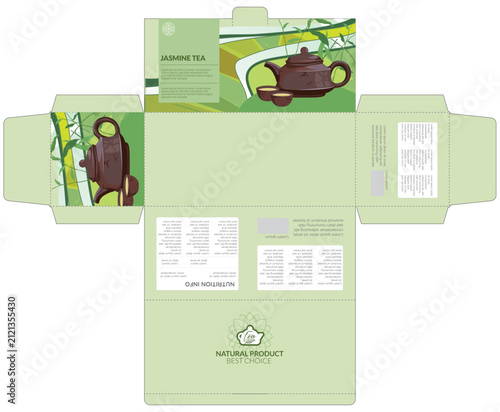 Creative Jasmine Tea Packaging Box Design Template | Premium Tea Product Packaging Mockup | Modern Die Cut Box Layout