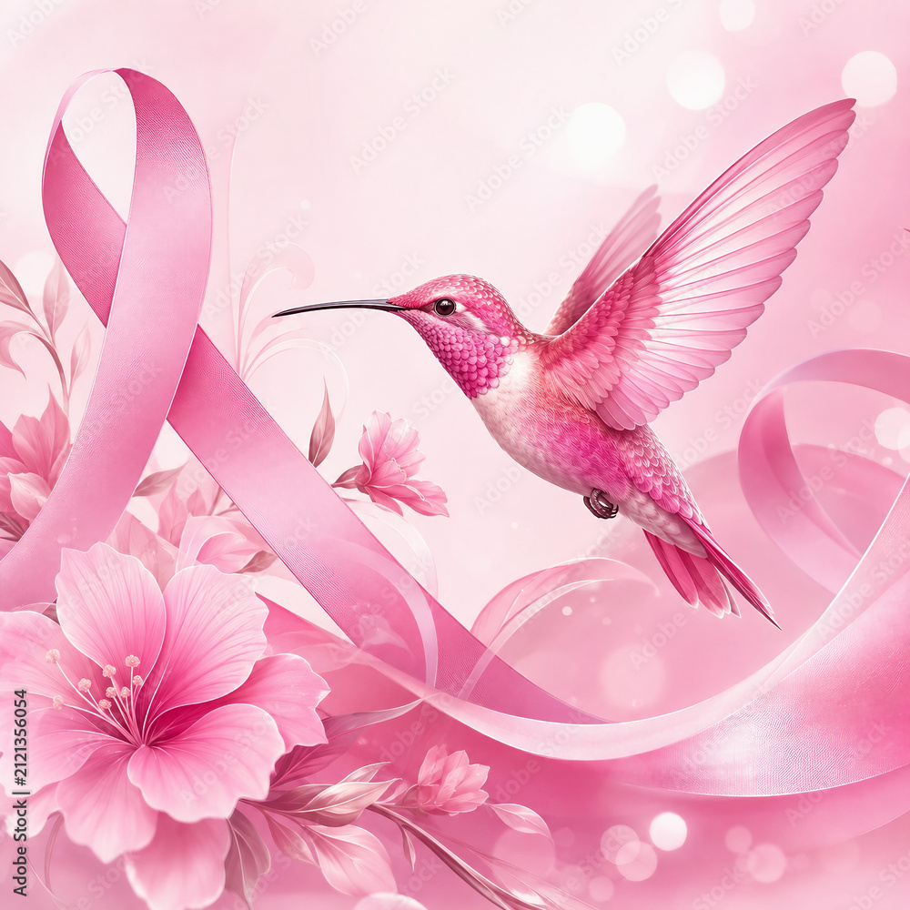 Fototapeta premium Pink breast cancer awareness illustration with satin ribbon, hummingbird, flowers and glowing soft background, symbolizing hope, resilience, support and care for women’s health campaigns and charity d