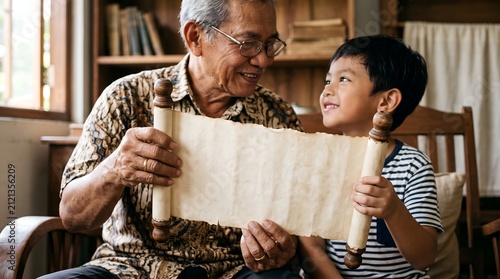 Smiling Asian grandfather and young grandson holding a blank vintage scroll together indoors, sharing a happy storytelling moment.