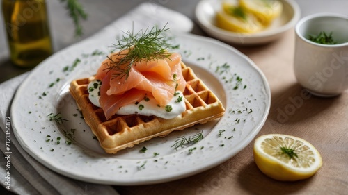 Golden savory waffle topped with smoked salmon, herb cream cheese and fresh dill, served with lemon on a minimalist ceramic plate. Premium gourmet brunch presentation