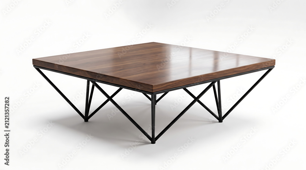 Fototapeta premium Modern Square Wooden Coffee Table with Geometric Black Metal Legs for Living Room