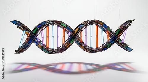 Colorful mechanical DNA double helix model on white.