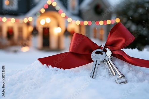 Winter Holiday Season Homeownership Dream  Keys Tied with Red Ribbon in Snowy Yard