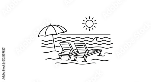 Beach Scene With Lounge Chairs And Umbrella Line Art Illustration