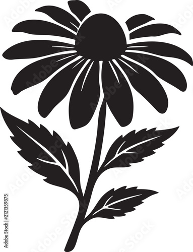 Black flower silhouette vector, botanical daisy blossom with leaves, minimalist floral plant icon for logo design and nature branding