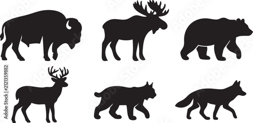 Wild animal silhouettes set, black forest wildlife icons including bear and moose, 6 vector elements of north american fauna for hunting and nature logos