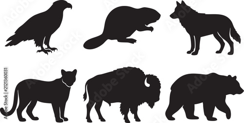 North American wildlife animal silhouettes set, black vector icons of bear, wolf, bison, and eagle, 6 wild animal shapes for nature logos