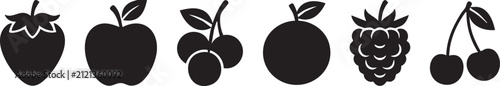 Minimalist fruit icon set with 6 black silhouettes, organic food symbols including apple and strawberry, flat vector fruit illustrations for grocery branding