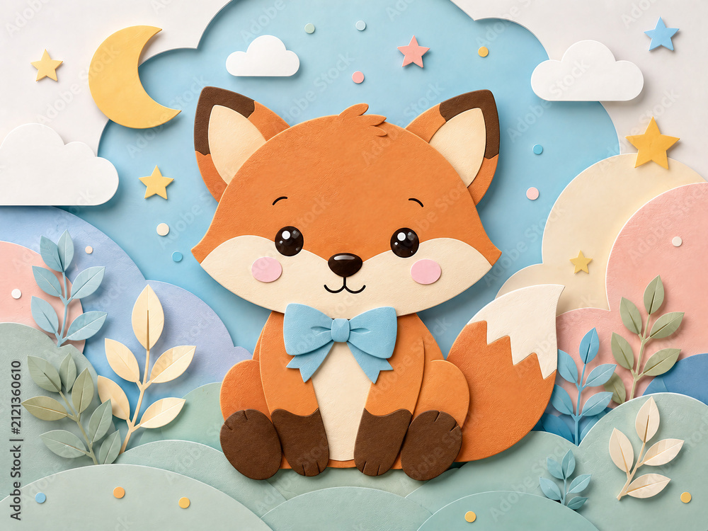 Fototapeta premium Cute pastel paper cut style baby fox wearing a light blue bowtie sitting in a dreamy night landscape with moon, stars, and foliage, ideal for woodland nursery decor.