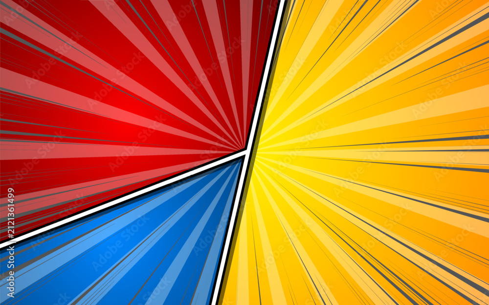 Fototapeta premium Comic Book Page Template with Radial Halftone Effects and Rays in Pop Art Style. Colorful Empty Background. Vector Illustration