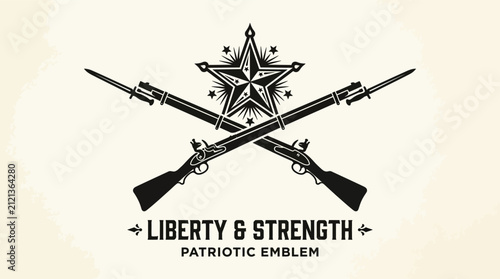 Vintage patriotic emblem featuring crossed muskets and a star symbol.
