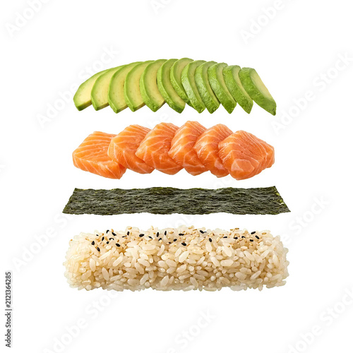 Sushi Roll Deconstructed Layers Floating Isolated White - Generative AI