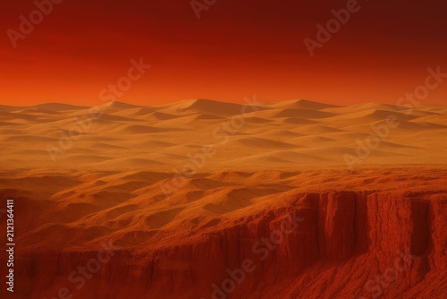 Sweeping desert terrain and a fiery evening sky combine deep red and warm gold, subtly mirroring the bold simplicity of the Spanish flag.