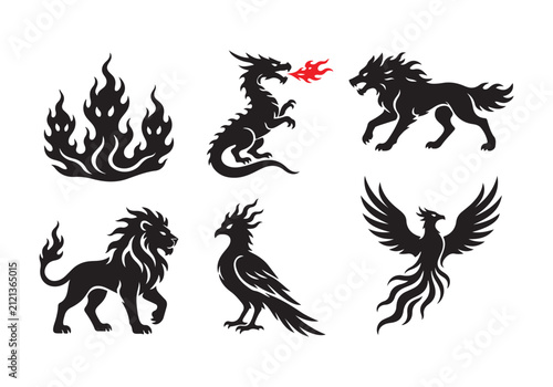 Black Fire Flame Silhouette Collection for Logo Tattoo and Decorative Design