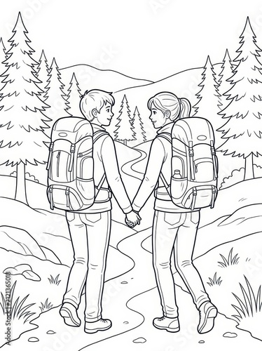 Couple holding hands hiking in forest