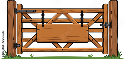 Rustic wooden farm gate vector illustration with hanging blank signboard template metal hinges and latches for ranch countryside pasture and garden entrance designs