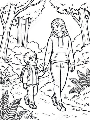 Mother and son walking on a forest path