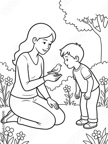 Mother and son watching bird on hand in garden