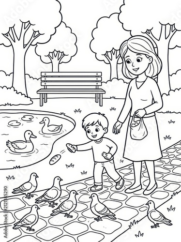 Mother and child feeding pigeons in a park