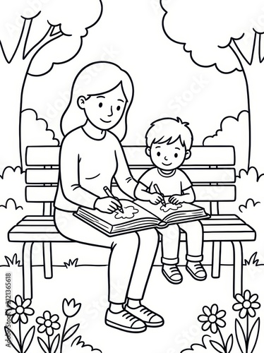 Mother and son drawing together on a park bench