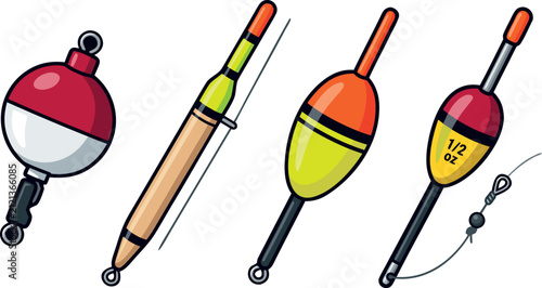 Fishing float bobber vector icon set featuring colorful red white orange and yellow tackle equipment elements for outdoor recreation and angling design projects