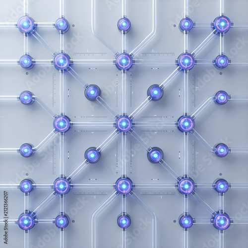 Top View Abstract Data Network Infrastructure with Glowing Nodes and Transparent Pipelines, Symmetrical Geometric System Flow, Futuristic Minimal Technology Background for AI, Cloud Computing, Cyberse