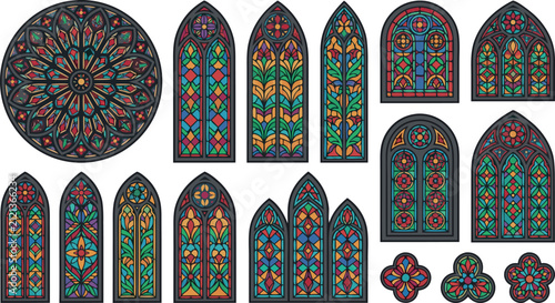 Gothic stained glass window icon set vector illustration featuring ornate colorful cathedral arches rose windows and medieval church mosaic elements for architectural history designs