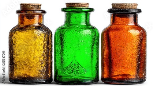 Three Vintage Apothecary Bottles with Cork Stoppers.