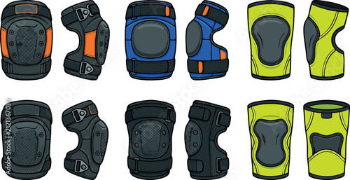 Protective knee and elbow pad icon set vector illustration featuring athletic sports safety guards and brace gear for skateboarding rollerblading and tactical utility work designs
