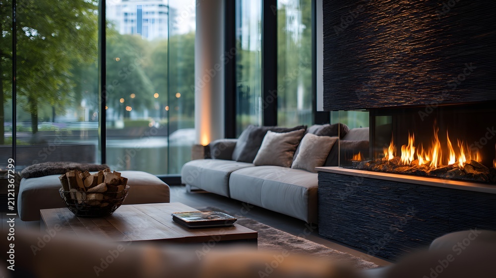 Fototapeta premium Cozy Modern Living Room with Fire Place and Large Windows