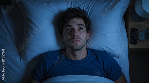 Top down view of man lying awake on white pillow at night representing insomnia disorder, overthinking, and sleep problems