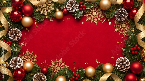 Festive christmas border with red and gold ornaments pine cones and ribbons on red background