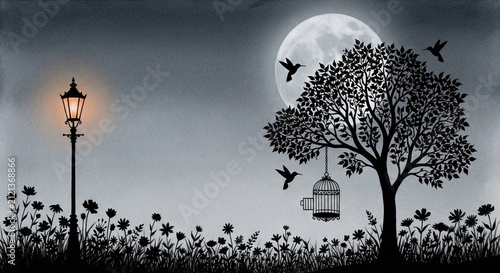 Birds escaping cage under full moon
