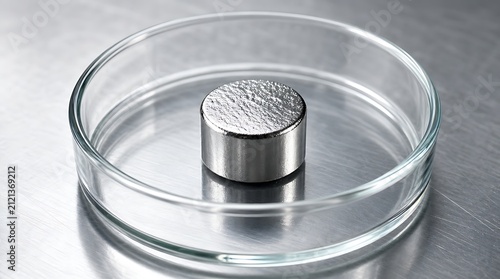 High purity ruthenium metal cylinder pellet in a glass petri dish, representing advanced chemical engineering, rare metal research, metallurgy, and high-tech industrial manufacturing