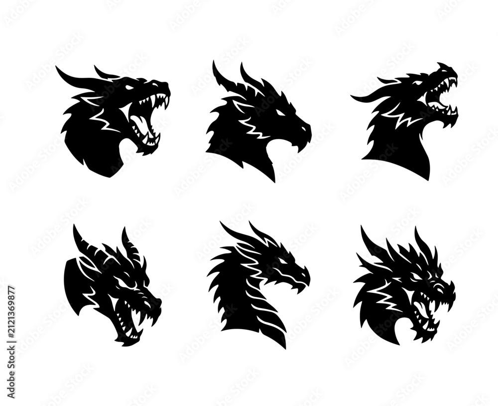 Fototapeta premium 70 Ferocious Dragon Head Silhouettes, Mythical Creature Icons, Fantasy Beast Vector Graphics, Fierce Monster Emblems 100