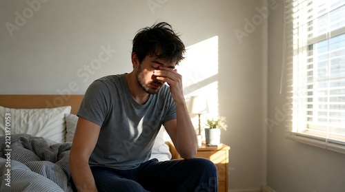 Tired man sitting on bed edge rubbing eyes in morning light, conveying morning fatigue, waking up difficulty, and sleepiness