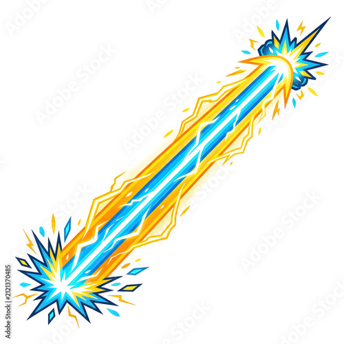 Beam of energy radiates intense blue and yellow light with electrical sparks on transparent background