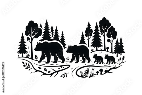 Bear Family Walking in Forest Silhouette - Parents and Cubs with Trees and Mushrooms  Illustration Emblem Design
