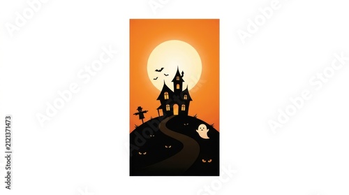 Haunted house with winding path and full moon vector illustration with orange and black tones halloween spooky ghost bats background