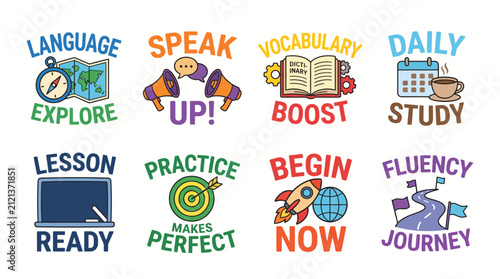 Cuadro en lienzo Engaging icons designed for language learning inspiration, emphasizing exploration, vocabulary boost, daily study, and effective communication skills in an educational context