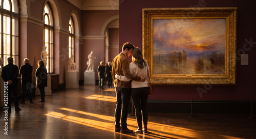 Young couple embracing while viewing a classic painting in a museum bathed in warm golden sunlight from large windows.