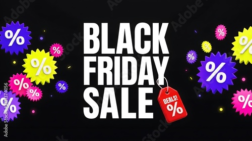 Black friday sale promotional typography with red price tag and colorful percentage icons typography discount promotion