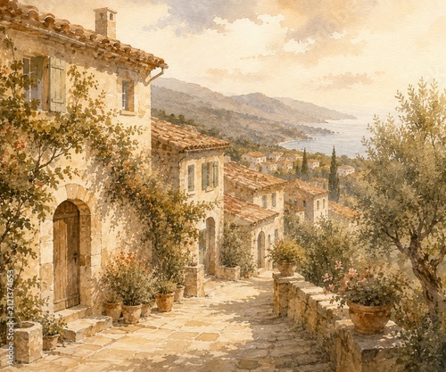 Mediterranean Village in Earth Tone Watercolor
