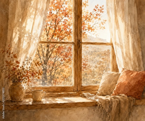Cozy Autumn Window in Soft Watercolor