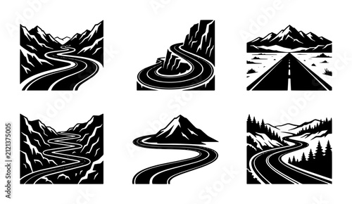 Bild auf Leinwand 70 Set of 6 Mountain Road Vector Illustrations, Winding Asphalt Paths Through Sc