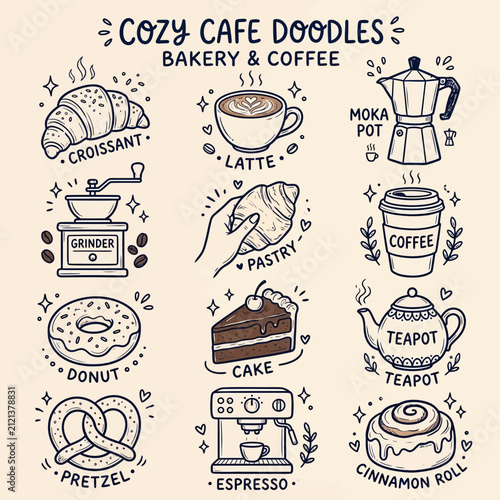 Set of cute hand drawn coffee and bakery doodles for cafe menu or food design elements
