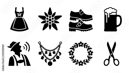 Bavarian Culture Icons: Dirndl Dress, Edelweiss Flower, Lederhosen Shoes, Beer Mug, Oktoberfest Man, Necklace, Garland, Scissors Vector Set